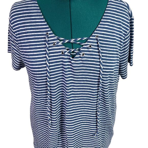 Gap Linen Blend Tee Shirt Lace Up Front Plus XXL Coastal Navy Blue White Stripes - Picture 6 of 12